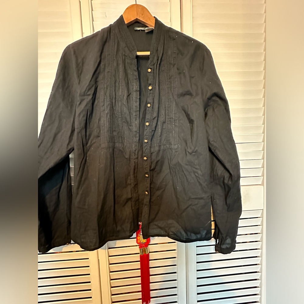 Solid black, long sleeve button up tunic top size 16, 100% cotton